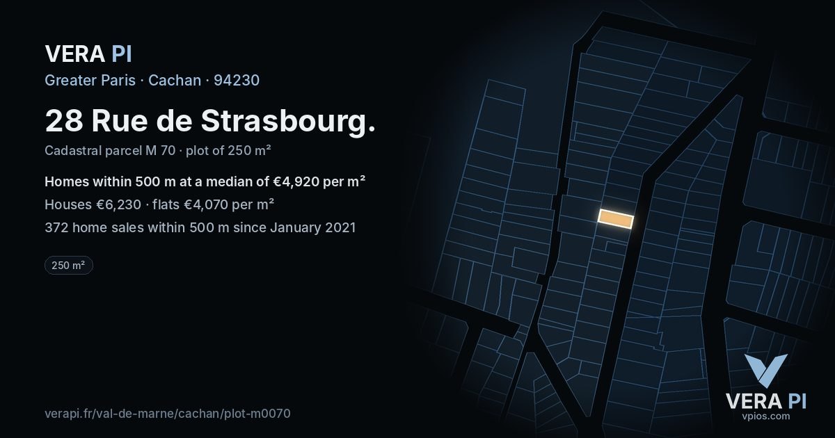 28 Rue de Strasbourg, Cachan at night – the plot lit, the parcels around coloured by the prices near them