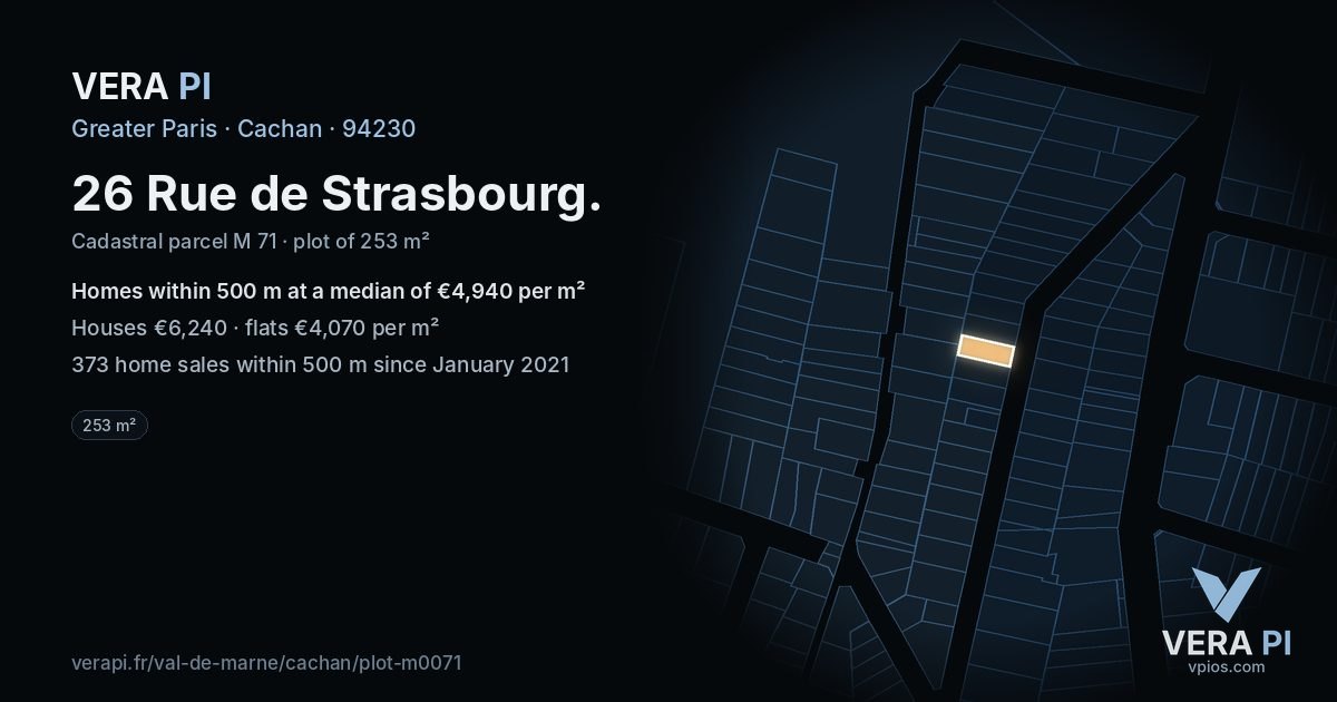 26 Rue de Strasbourg, Cachan at night – the plot lit, the parcels around coloured by the prices near them