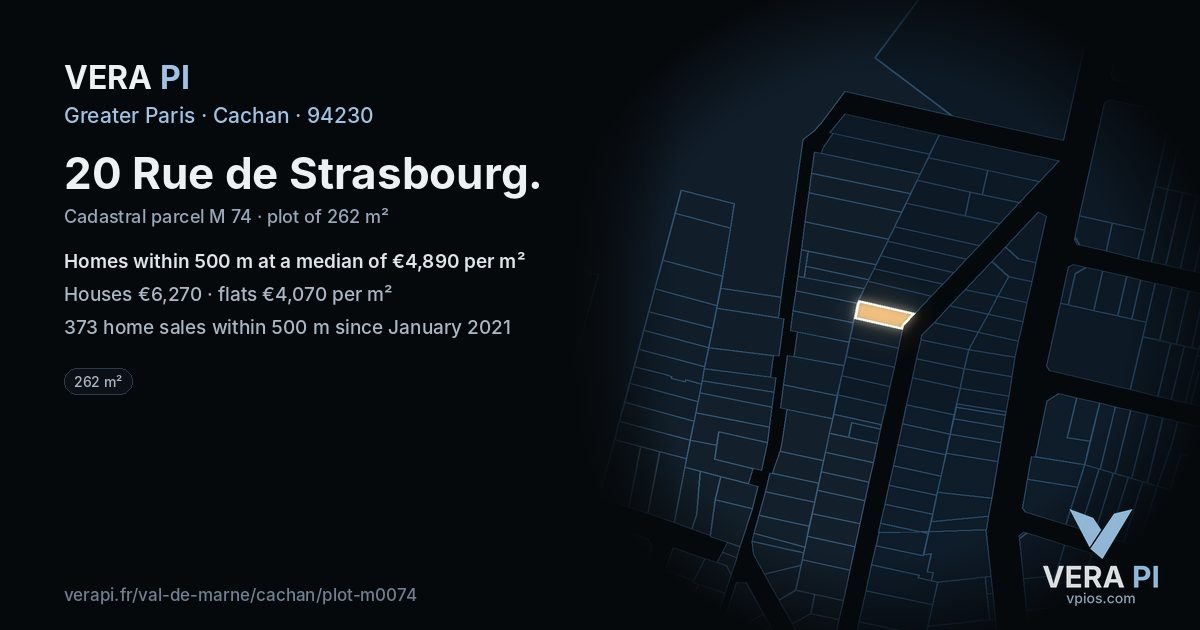 20 Rue de Strasbourg, Cachan at night – the plot lit, the parcels around coloured by the prices near them