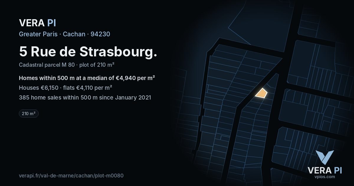 5 Rue de Strasbourg, Cachan at night – the plot lit, the parcels around coloured by the prices near them