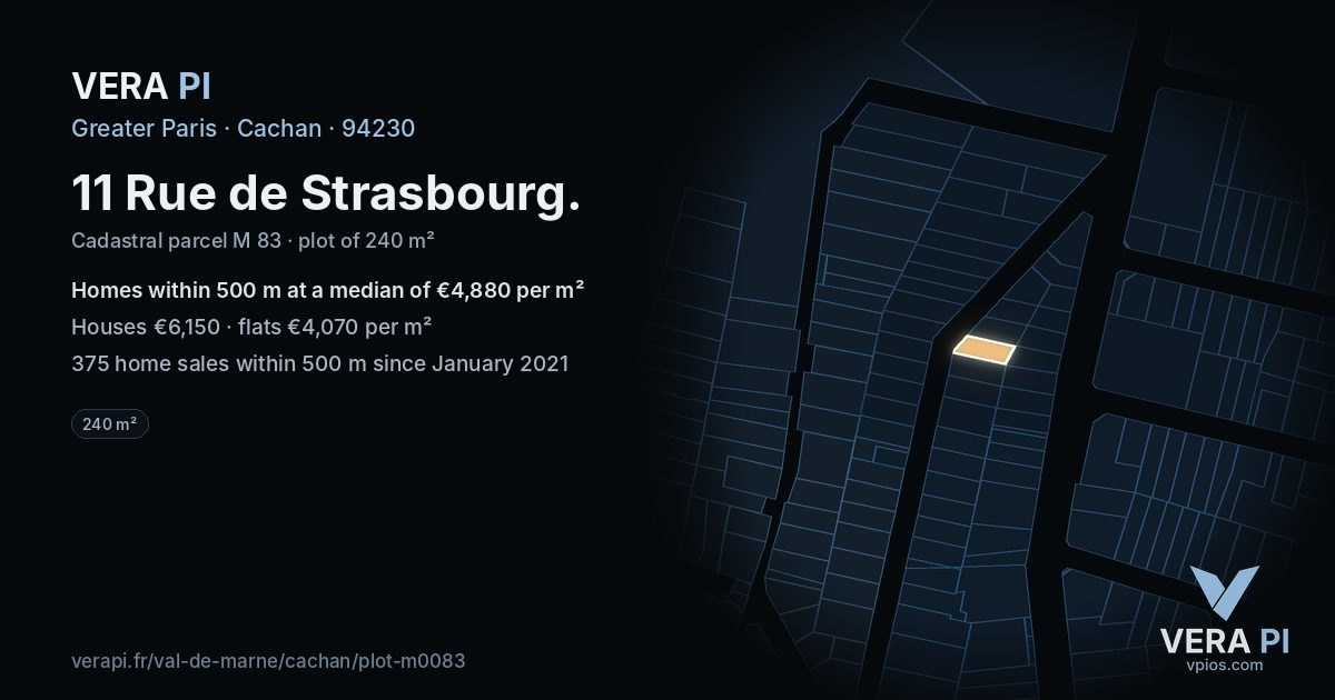11 Rue de Strasbourg, Cachan at night – the plot lit, the parcels around coloured by the prices near them