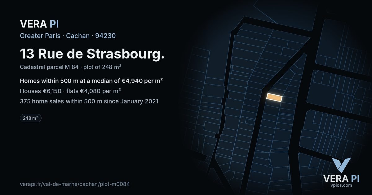 13 Rue de Strasbourg, Cachan at night – the plot lit, the parcels around coloured by the prices near them