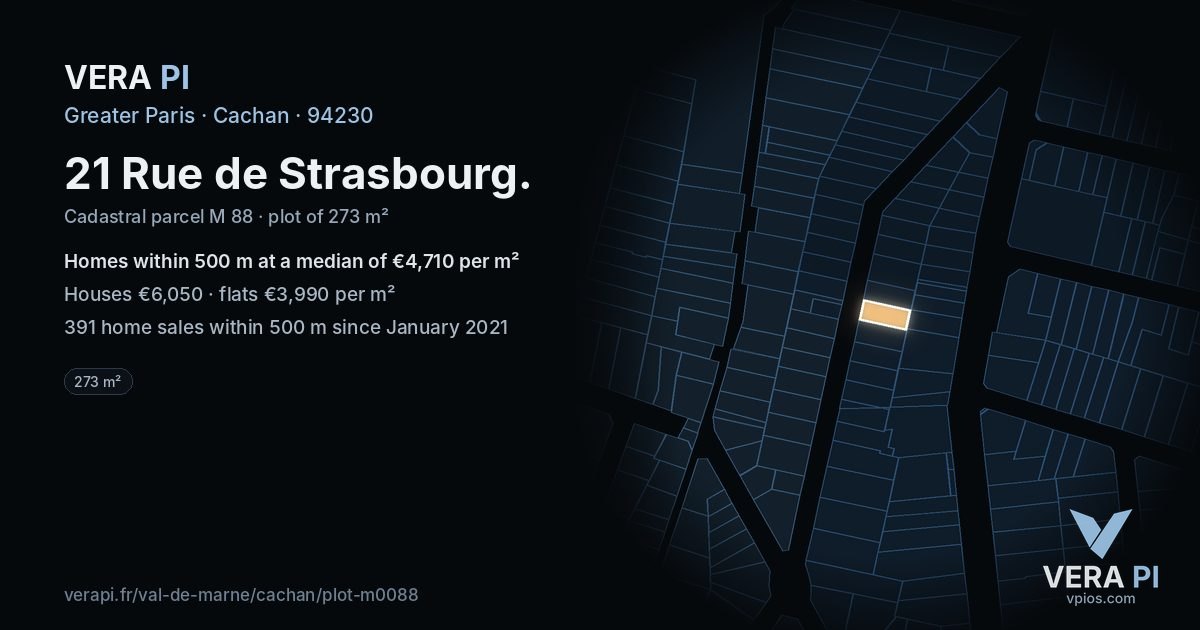 21 Rue de Strasbourg, Cachan at night – the plot lit, the parcels around coloured by the prices near them