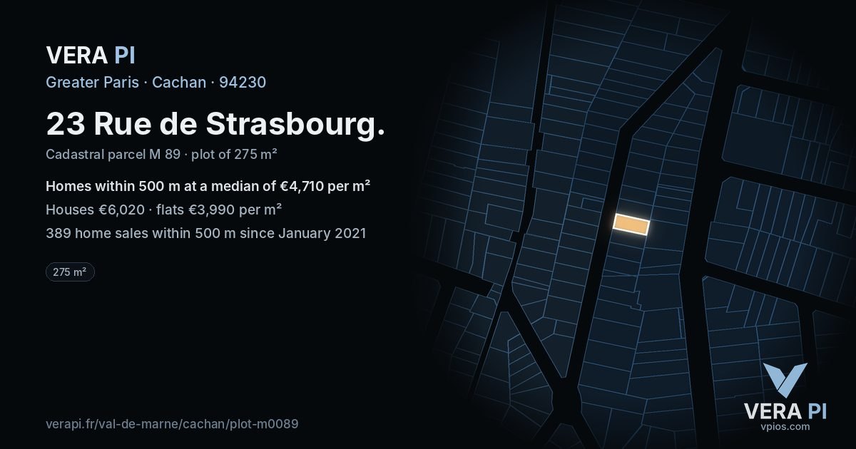 23 Rue de Strasbourg, Cachan at night – the plot lit, the parcels around coloured by the prices near them