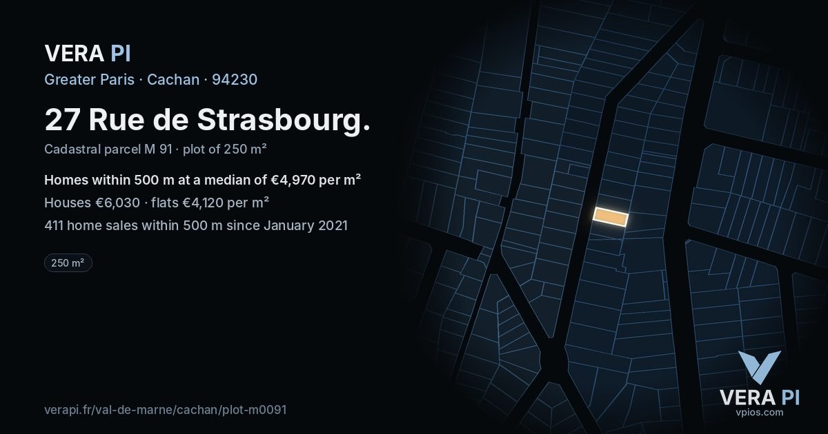 27 Rue de Strasbourg, Cachan at night – the plot lit, the parcels around coloured by the prices near them