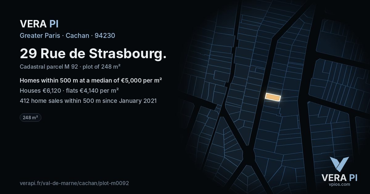 29 Rue de Strasbourg, Cachan at night – the plot lit, the parcels around coloured by the prices near them