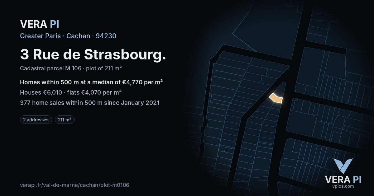 3 Rue de Strasbourg, Cachan at night – the plot lit, the parcels around coloured by the prices near them