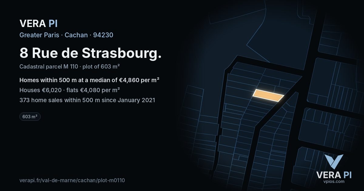 8 Rue de Strasbourg, Cachan at night – the plot lit, the parcels around coloured by the prices near them