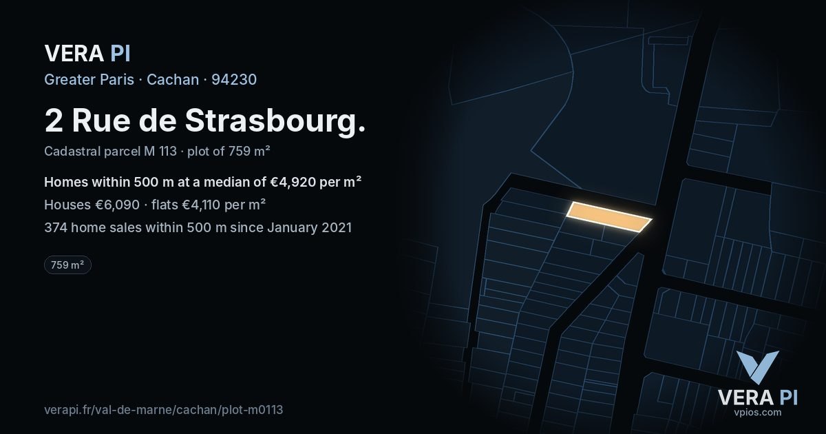 2 Rue de Strasbourg, Cachan at night – the plot lit, the parcels around coloured by the prices near them