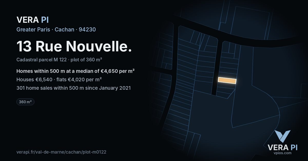 13 Rue Nouvelle, Cachan at night – the plot lit, the parcels around coloured by the prices near them