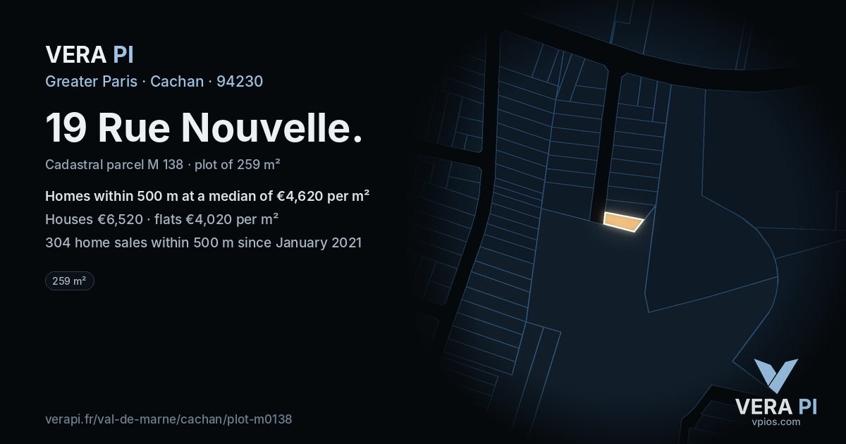 19 Rue Nouvelle, Cachan at night – the plot lit, the parcels around coloured by the prices near them