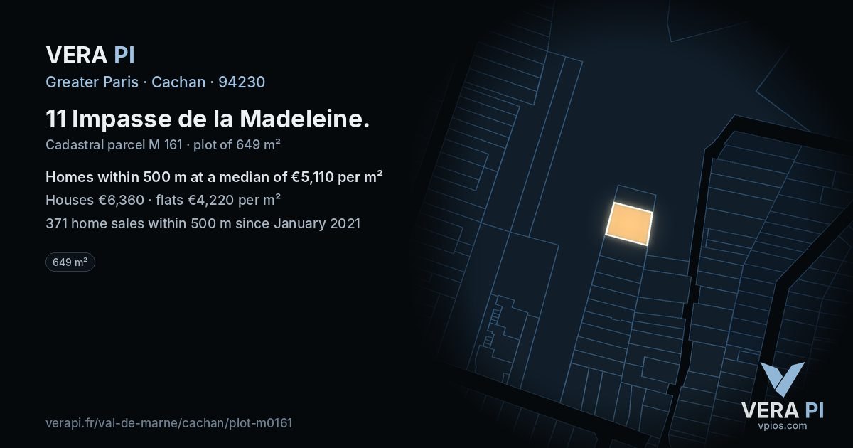 11 Impasse de la Madeleine, Cachan at night – the plot lit, the parcels around coloured by the prices near them