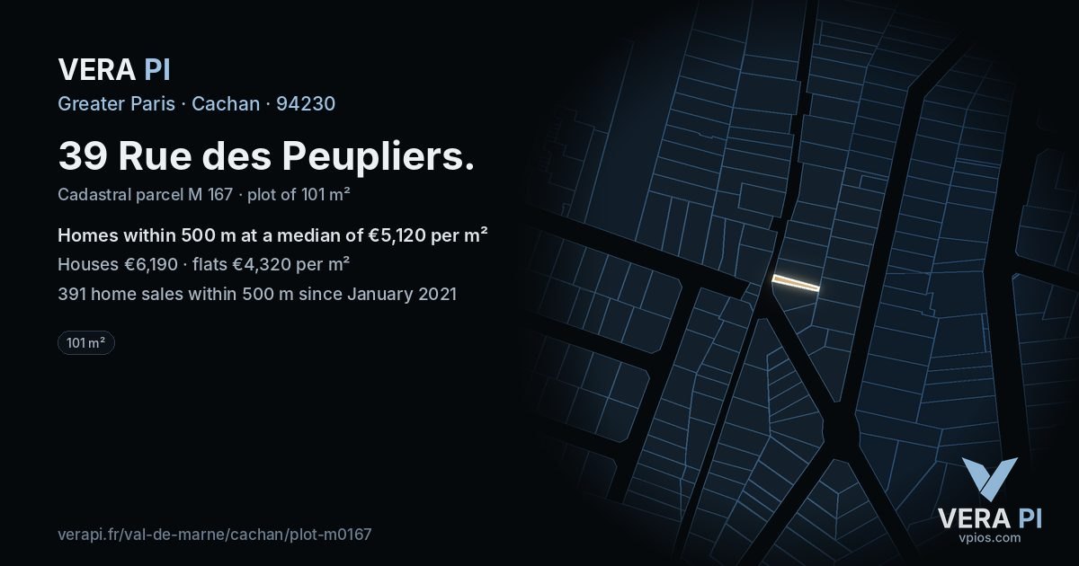 39 Rue des Peupliers, Cachan at night – the plot lit, the parcels around coloured by the prices near them