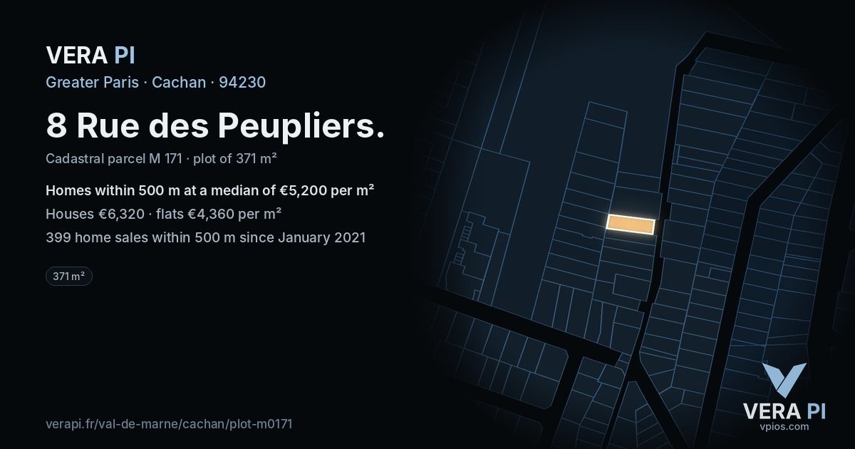 8 Rue des Peupliers, Cachan at night – the plot lit, the parcels around coloured by the prices near them