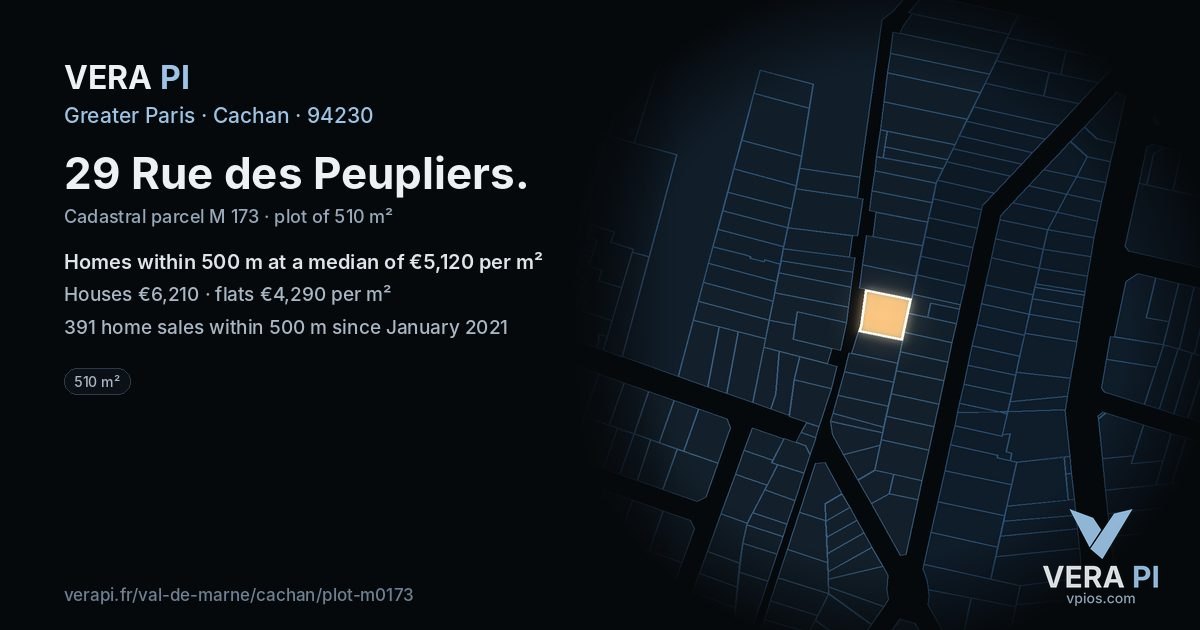 29 Rue des Peupliers, Cachan at night – the plot lit, the parcels around coloured by the prices near them