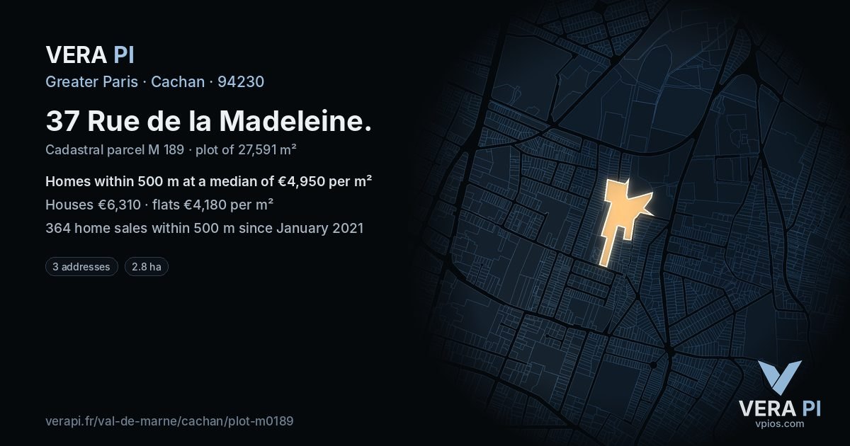 37 Rue de la Madeleine, Cachan at night – the plot lit, the parcels around coloured by the prices near them