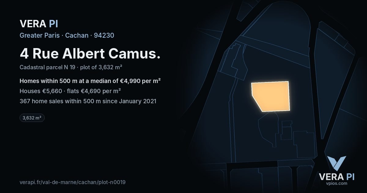 4 Rue Albert Camus, Cachan at night – the plot lit, the parcels around coloured by the prices near them