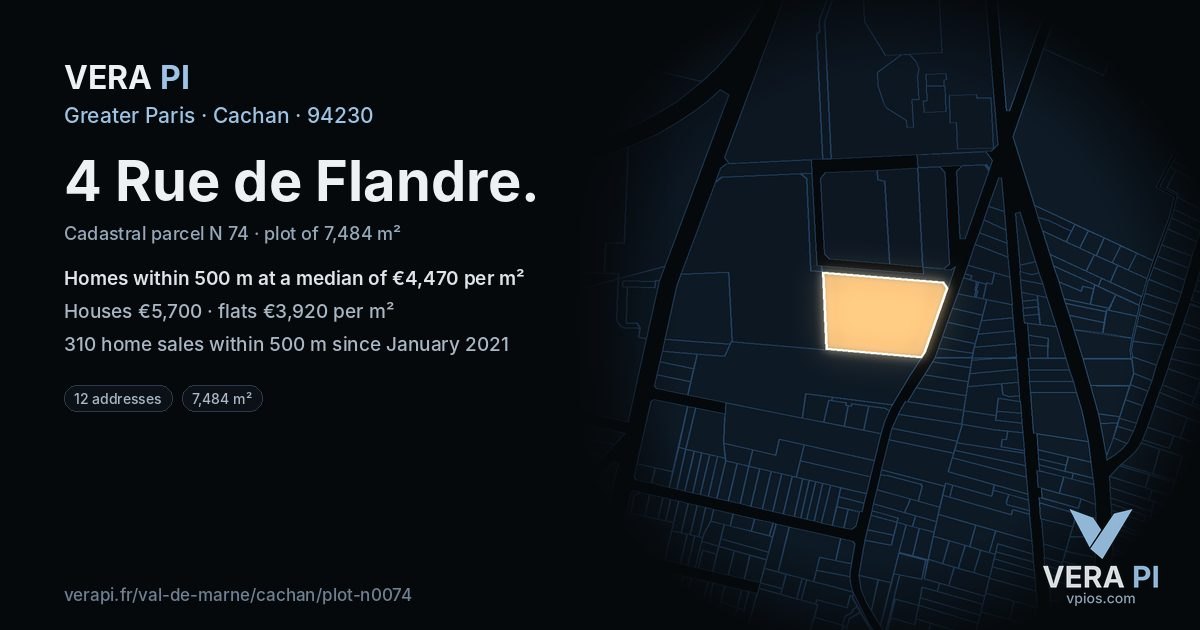 4 Rue de Flandre, Cachan at night – the plot lit, the parcels around coloured by the prices near them