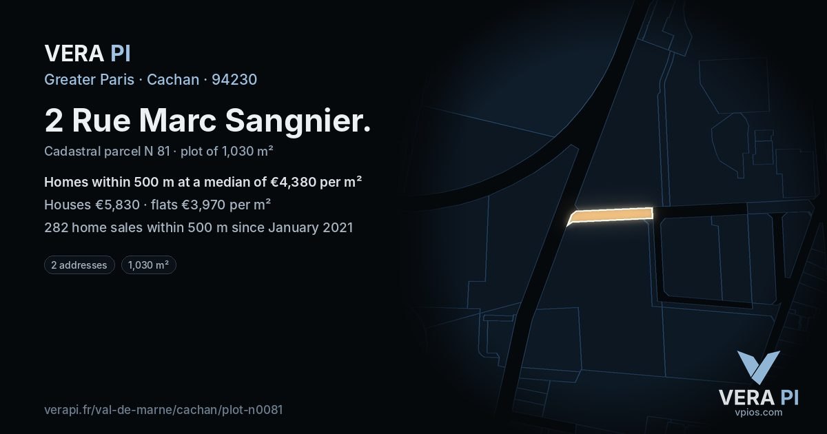 2 Rue Marc Sangnier, Cachan at night – the plot lit, the parcels around coloured by the prices near them