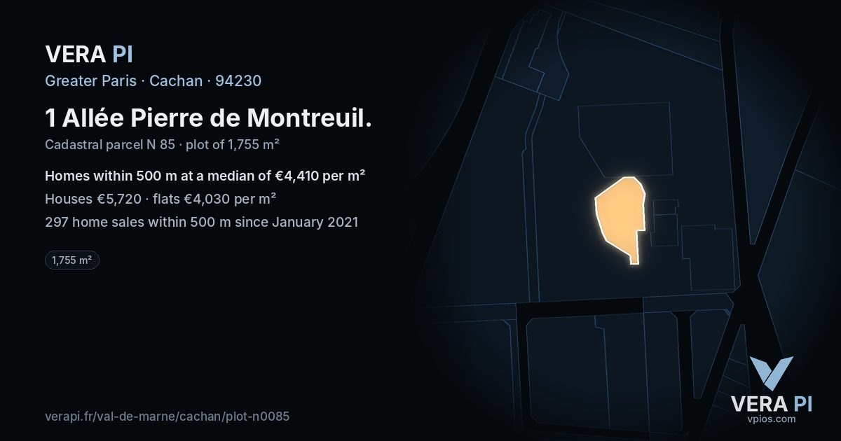 1 Allée Pierre de Montreuil, Cachan at night – the plot lit, the parcels around coloured by the prices near them