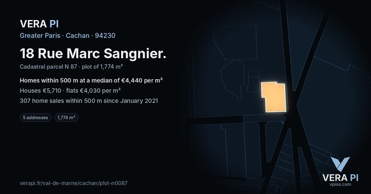 18 Rue Marc Sangnier, Cachan at night – the plot lit, the parcels around coloured by the prices near them