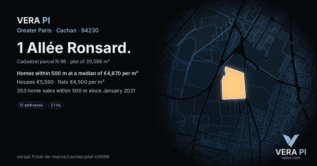 1 Allée Ronsard, Cachan at night – the plot lit, the parcels around coloured by the prices near them