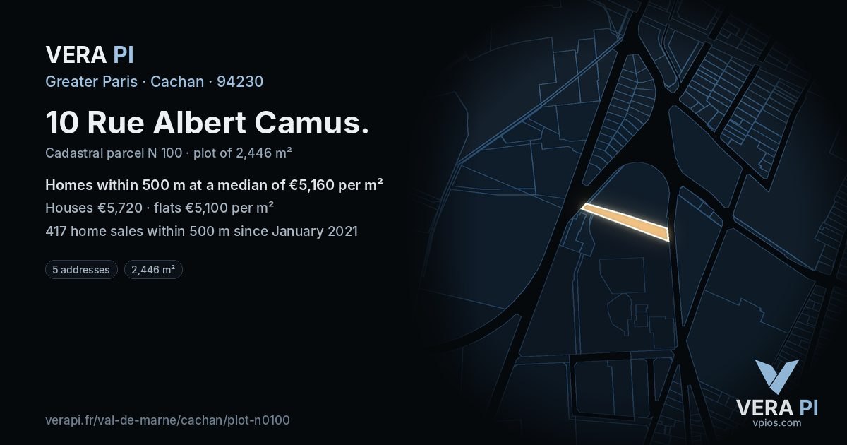 10 Rue Albert Camus, Cachan at night – the plot lit, the parcels around coloured by the prices near them