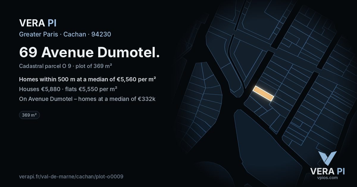 69 Avenue Dumotel, Cachan at night – the plot lit, the parcels around coloured by the prices near them