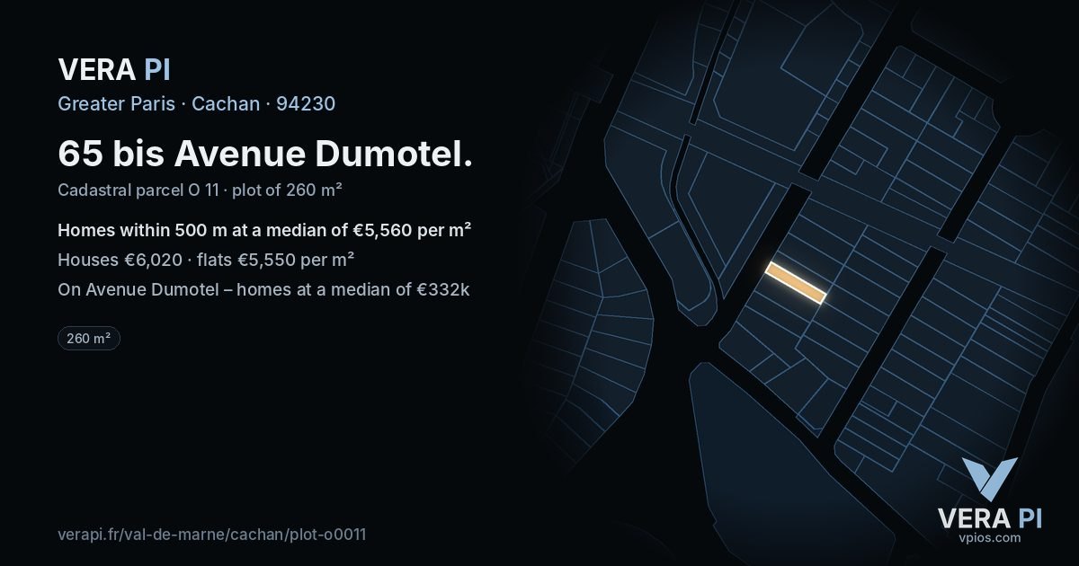 65 bis Avenue Dumotel, Cachan at night – the plot lit, the parcels around coloured by the prices near them