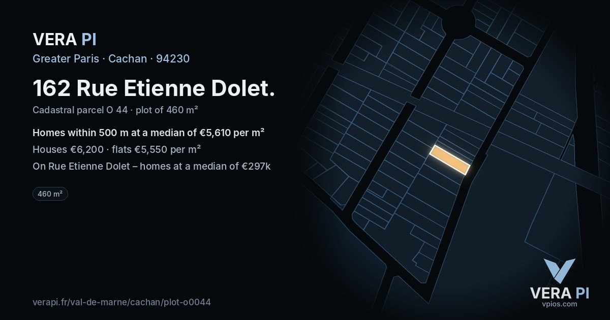 162 Rue Etienne Dolet, Cachan at night – the plot lit, the parcels around coloured by the prices near them