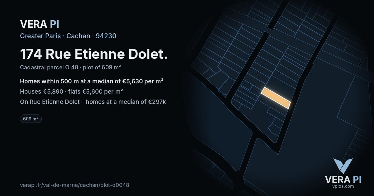 174 Rue Etienne Dolet, Cachan at night – the plot lit, the parcels around coloured by the prices near them