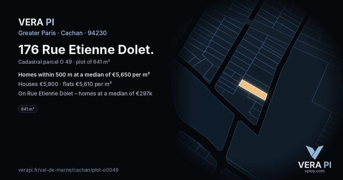 176 Rue Etienne Dolet, Cachan at night – the plot lit, the parcels around coloured by the prices near them
