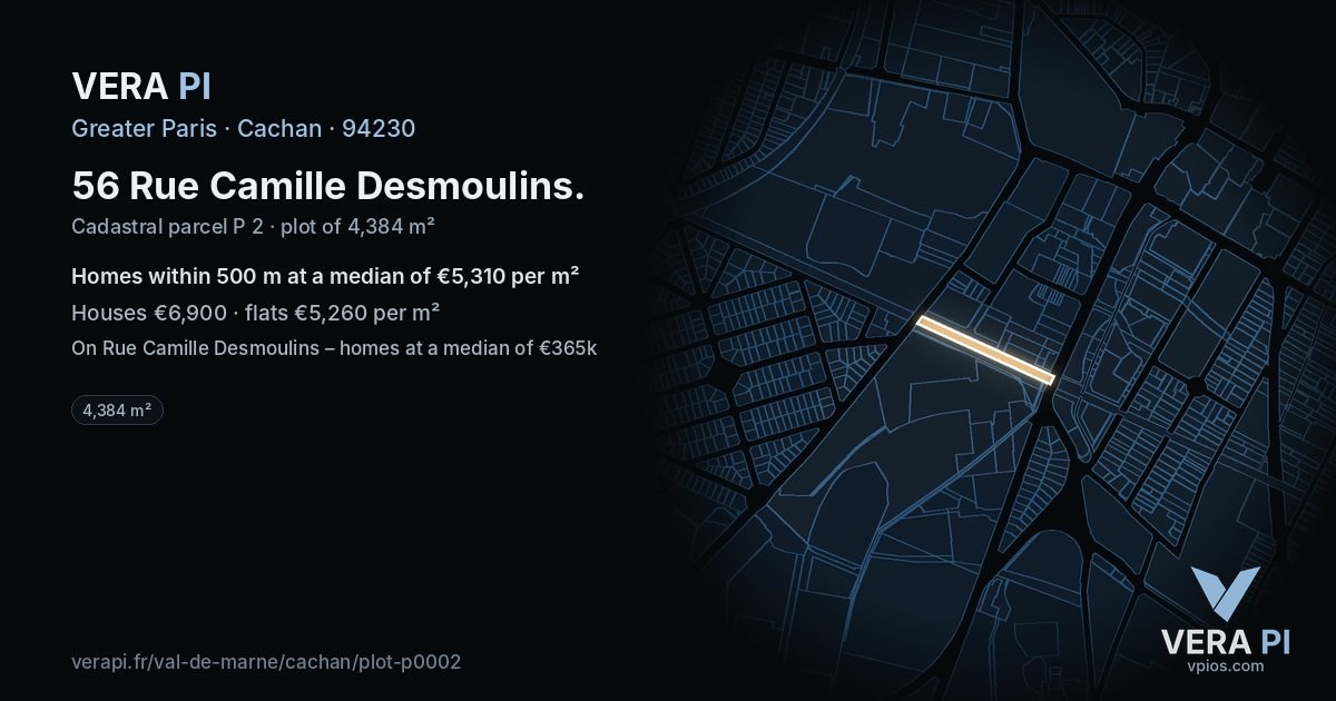 56 Rue Camille Desmoulins, Cachan at night – the plot lit, the parcels around coloured by the prices near them