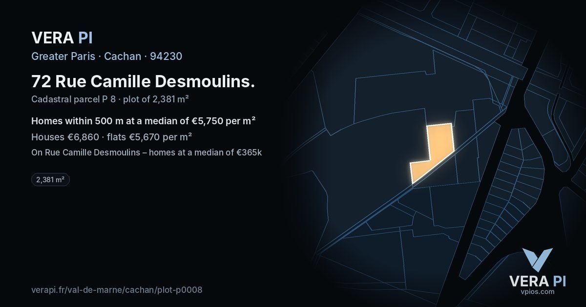 72 Rue Camille Desmoulins, Cachan at night – the plot lit, the parcels around coloured by the prices near them
