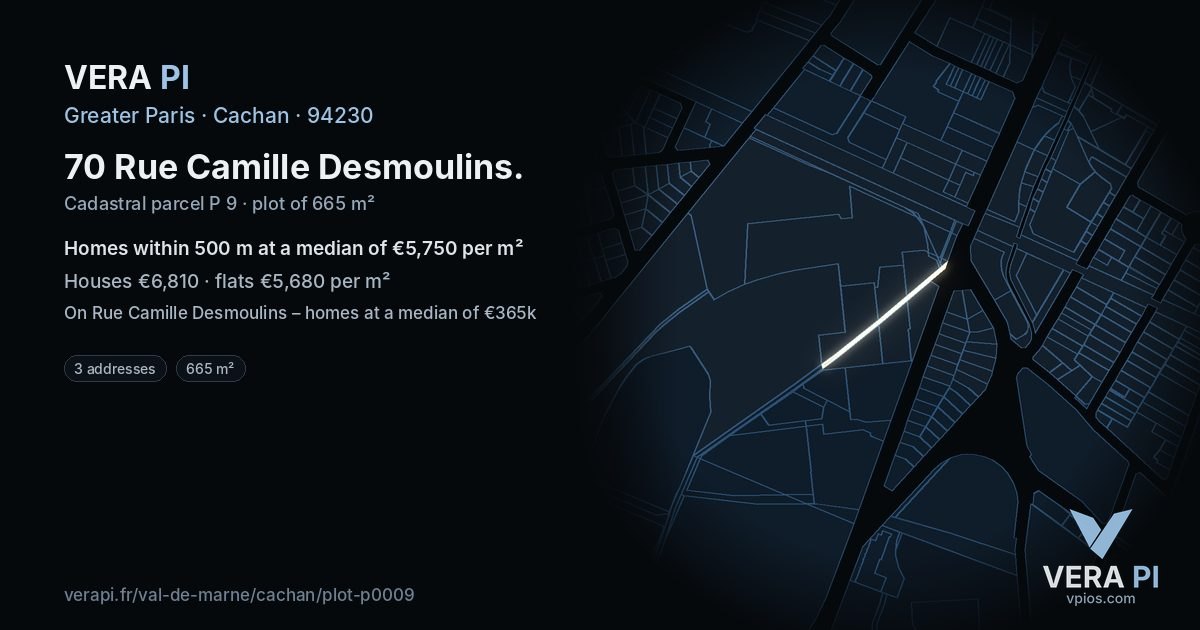 70 Rue Camille Desmoulins, Cachan at night – the plot lit, the parcels around coloured by the prices near them
