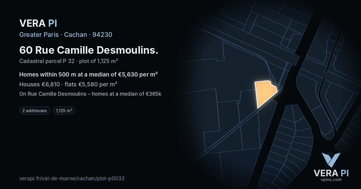 60 Rue Camille Desmoulins, Cachan at night – the plot lit, the parcels around coloured by the prices near them