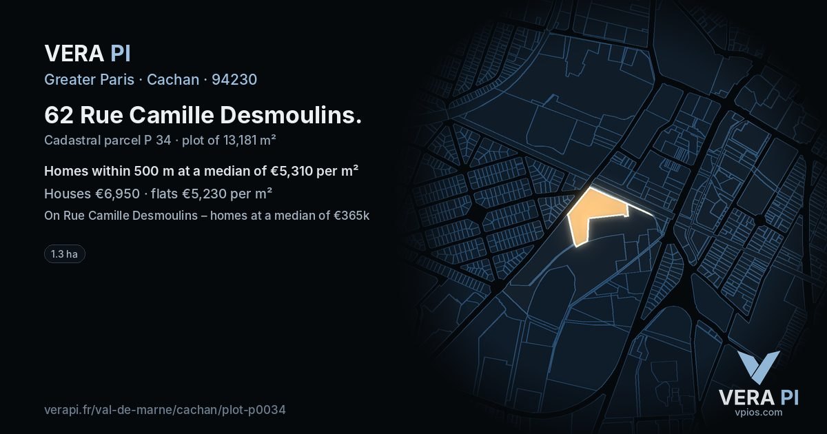 62 Rue Camille Desmoulins, Cachan at night – the plot lit, the parcels around coloured by the prices near them