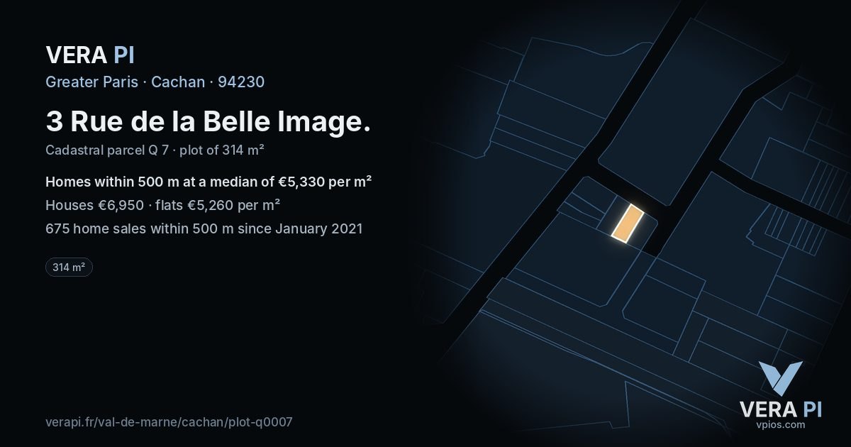 3 Rue de la Belle Image, Cachan at night – the plot lit, the parcels around coloured by the prices near them