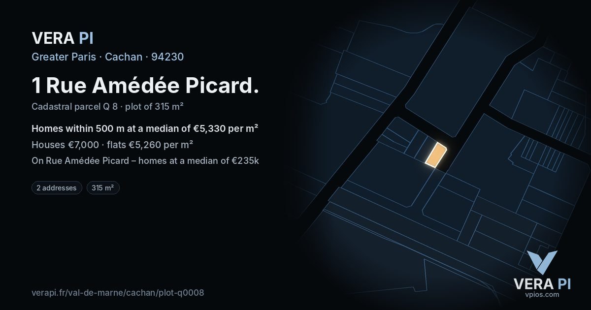 1 Rue Amédée Picard, Cachan at night – the plot lit, the parcels around coloured by the prices near them