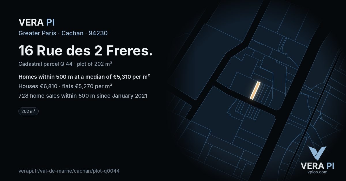 16 Rue des 2 Freres, Cachan at night – the plot lit, the parcels around coloured by the prices near them