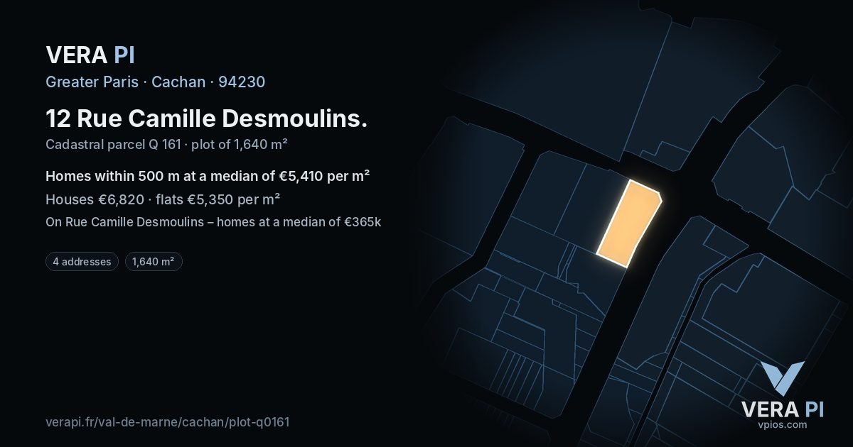 12 Rue Camille Desmoulins, Cachan at night – the plot lit, the parcels around coloured by the prices near them