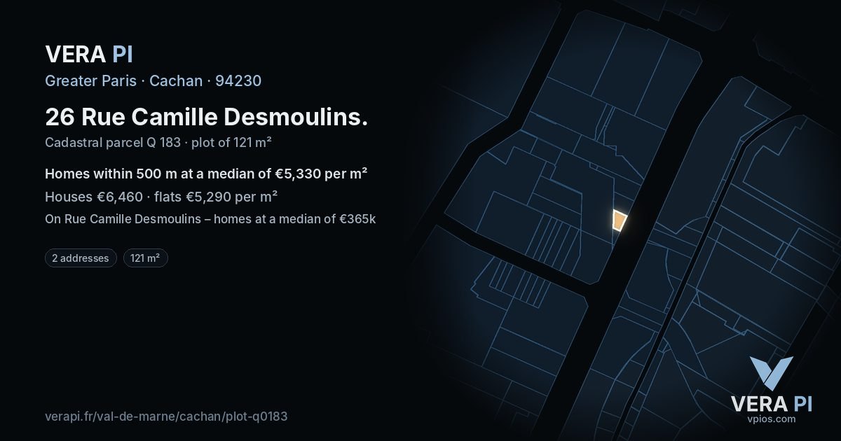 26 Rue Camille Desmoulins, Cachan at night – the plot lit, the parcels around coloured by the prices near them