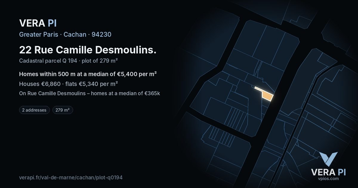 22 Rue Camille Desmoulins, Cachan at night – the plot lit, the parcels around coloured by the prices near them