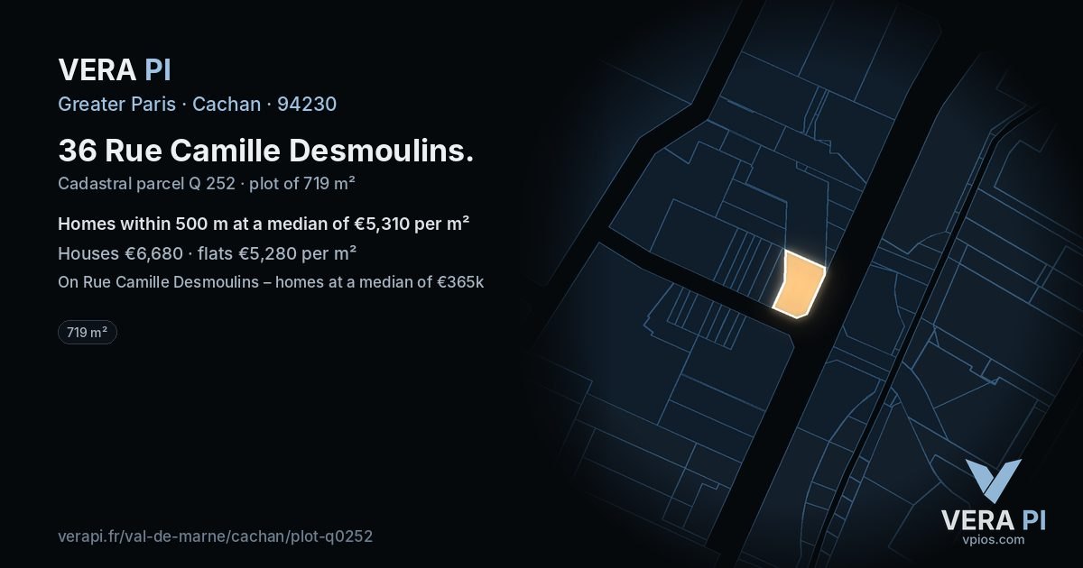 36 Rue Camille Desmoulins, Cachan at night – the plot lit, the parcels around coloured by the prices near them