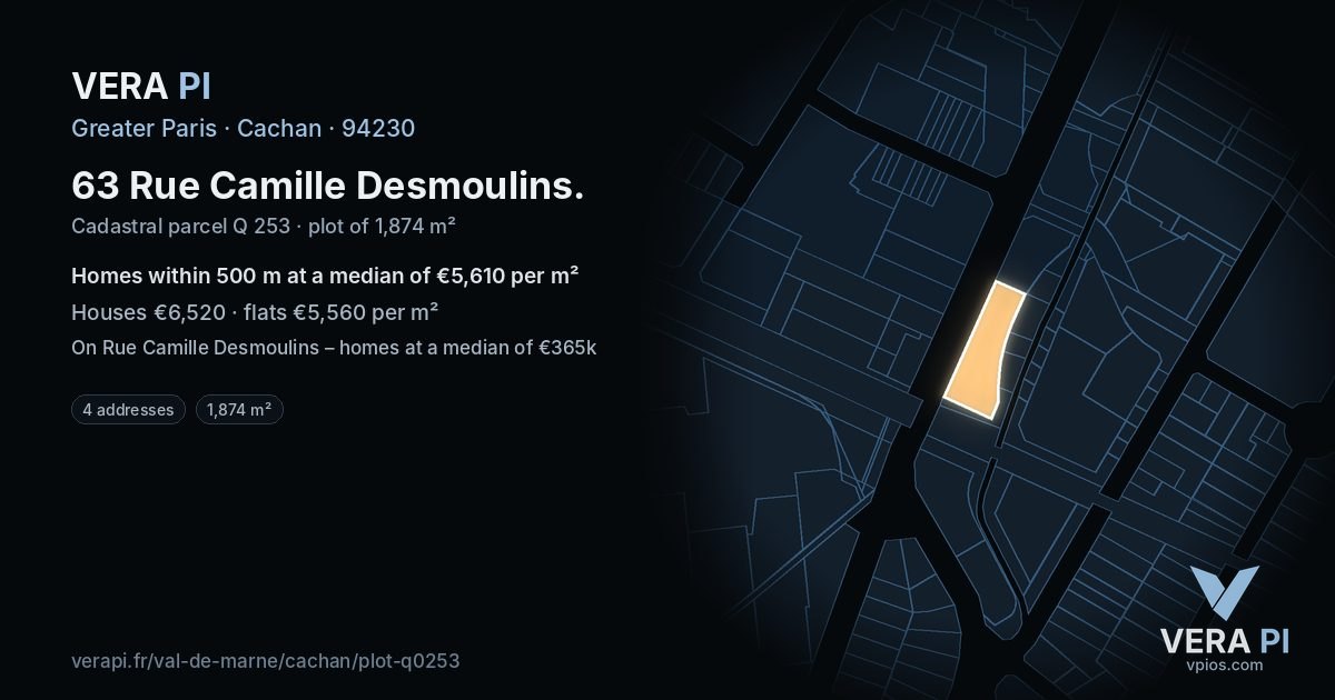 63 Rue Camille Desmoulins, Cachan at night – the plot lit, the parcels around coloured by the prices near them
