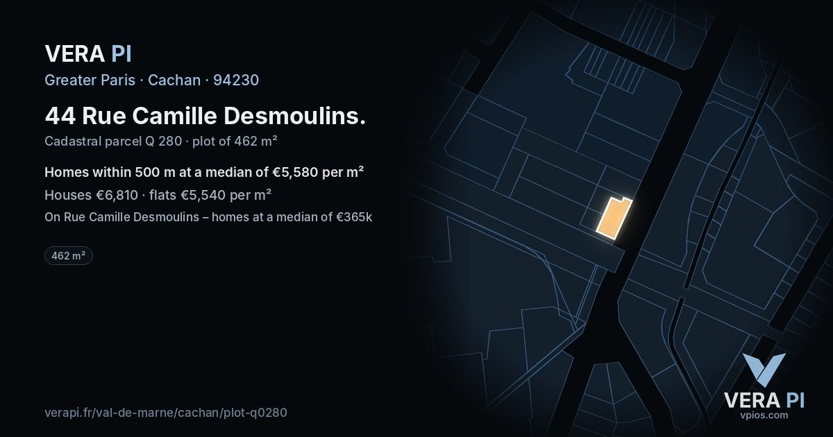 44 Rue Camille Desmoulins, Cachan at night – the plot lit, the parcels around coloured by the prices near them