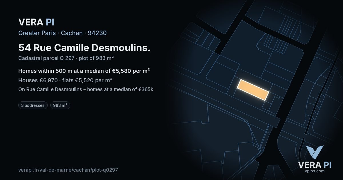 54 Rue Camille Desmoulins, Cachan at night – the plot lit, the parcels around coloured by the prices near them