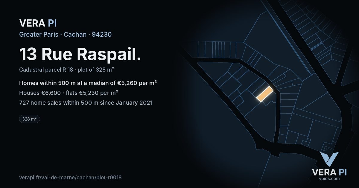13 Rue Raspail, Cachan at night – the plot lit, the parcels around coloured by the prices near them