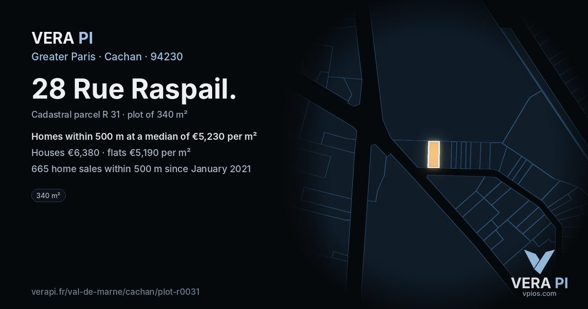 28 Rue Raspail, Cachan at night – the plot lit, the parcels around coloured by the prices near them