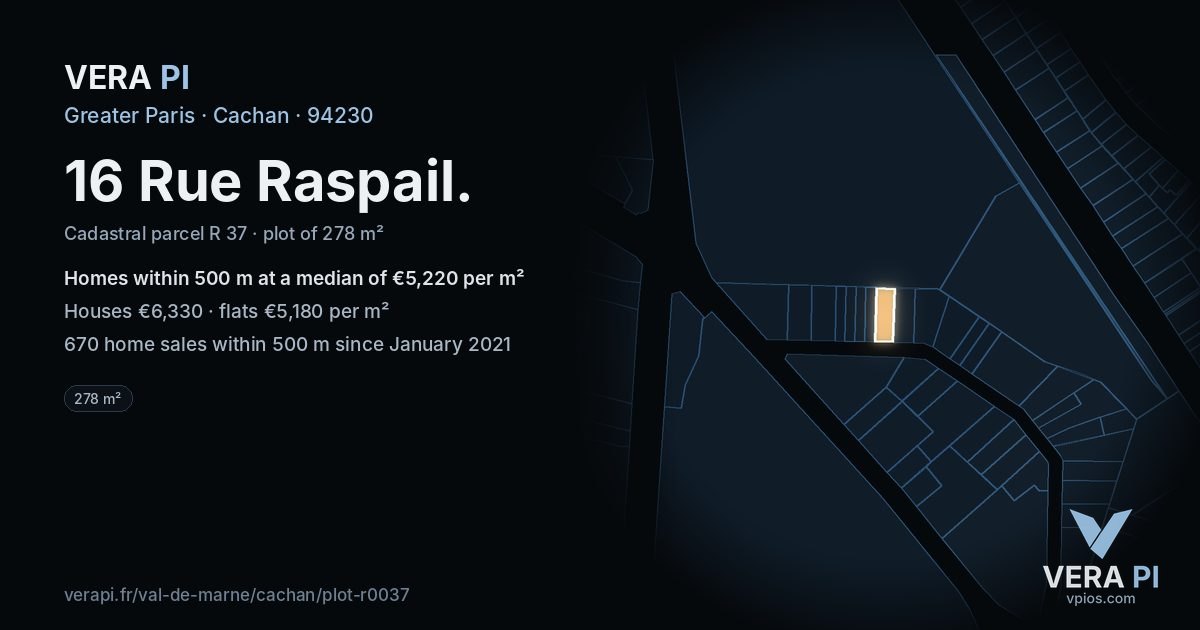 16 Rue Raspail, Cachan at night – the plot lit, the parcels around coloured by the prices near them